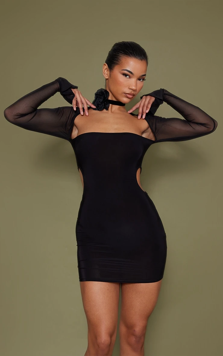Black Slinky Cut Out Mesh Flared Sleeve Bodycon Dress 3 Black Slinky Cut Out Mesh Flared Sleeve Bodycon Dress