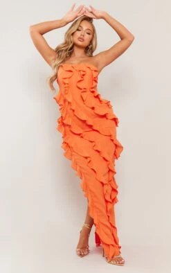 Orange Bandeau Asymmetric Frill Detail Maxi Dress