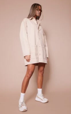 Sand Contrast Stitch Pocket Cargo Shirt Dress