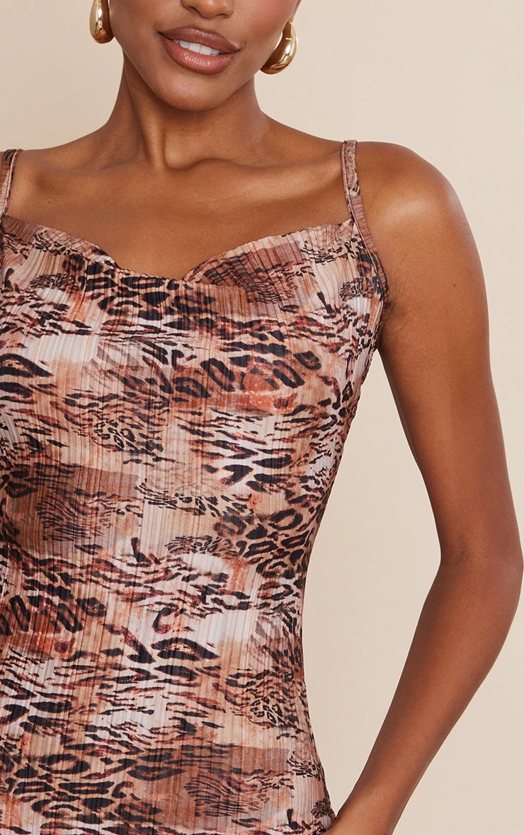 Brown Leopard Print Plisse Cowl Strappy Bodycon Dress 6 Brown Leopard Print Plisse Cowl Strappy Bodycon Dress - Image 4