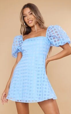 Baby Blue Oversized Gingham Puff Sleeve Shift Dress