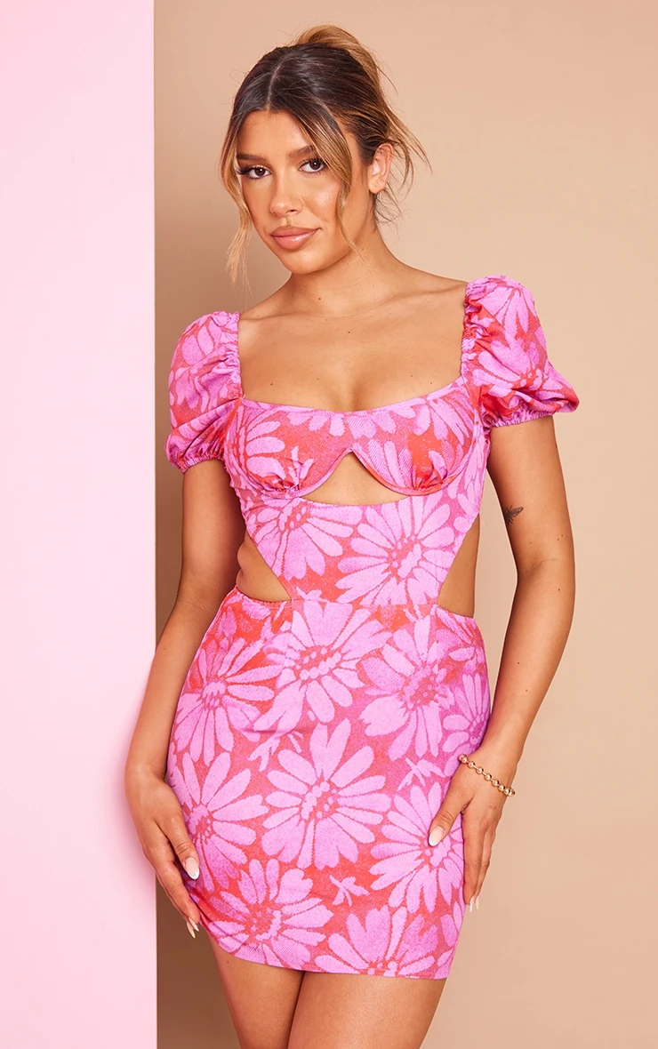 Pink Floral Print Cup Detail Bodycon Dress 3 Pink Floral Print Cup Detail Bodycon Dress
