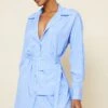 Blue Stripe Tie Waist Pocket Detail Shirt Dress