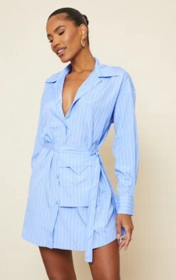 Blue Stripe Tie Waist Pocket Detail Shirt Dress