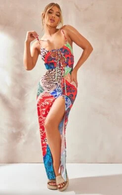 Multi Multi Paisley Print Asymmetric Tie Strappy Midaxi Dress