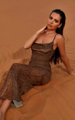 Light Brown Floral Print Mesh Cowl Maxi Dress