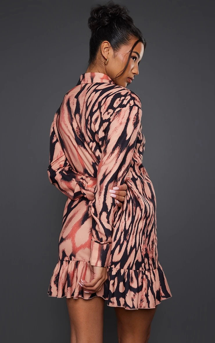 Brown Leopard Print Cuff Sleeve Frill Hem Shirt Dress 4 Brown Leopard Print Cuff Sleeve Frill Hem Shirt Dress - Image 2