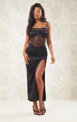 Black Satin Lace Insert Strappy Split Detail Midaxi Dress