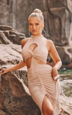 Stone Cut Out Knot Detail Ruched Front Midi Dress -Cheap Dress Store 7d251d7bf88636b4128679db0ad11837e938dfaa CMY6012 4