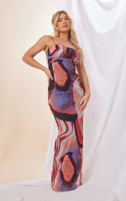 Pink Scale Print Mesh Ruched Bust Maxi Dress