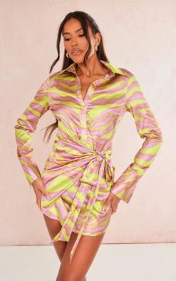 Multi Zebra Print Satin Tie Detail Shirt Dress -Cheap Dress Store 80682d2229c376b145785ef92cb2a45433a49132 cne4573 1