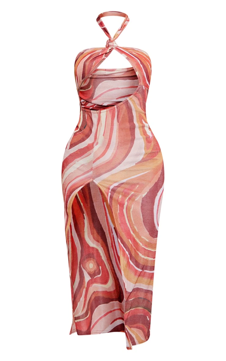 Orange Abstract Print Acetate Slinky Cut Out Halter Midaxi Dress 7 Orange Abstract Print Acetate Slinky Cut Out Halter Midaxi Dress - Image 5