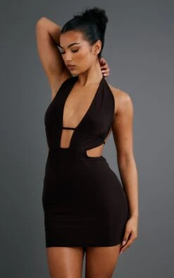 Chocolate Slinky Ruched Bust Detail Halter Bodycon Dress