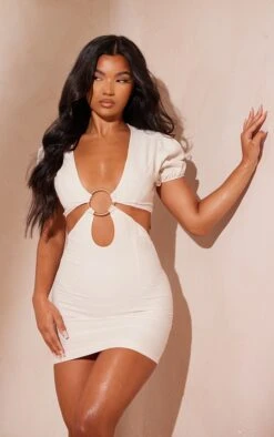 Stone Linen Ring Detail Cut Out Bodycon Dress