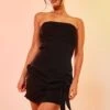 Black Satin Bandeau Drape Tie Detail Bodycon Dress