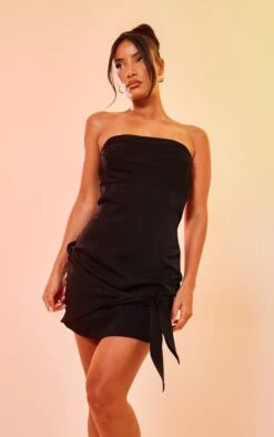 Black Satin Bandeau Drape Tie Detail Bodycon Dress
