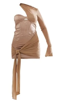 Taupe Satin Corset Mesh Detail One Sleeve Bodycon Dress -Cheap Dress Store 87bad4ea7a56c98402a4f65992025bf8a3bb9c7a cnd3529 5