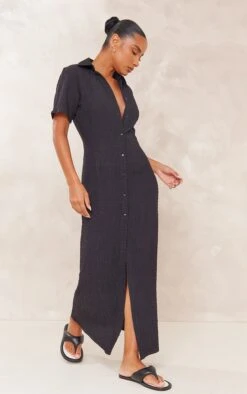 Black Crinkle Textured Button Maxi Shirt Dress -Cheap Dress Store 896afb7db6d97dae50a5f630769bcb22aec78d73 cnd8850 3