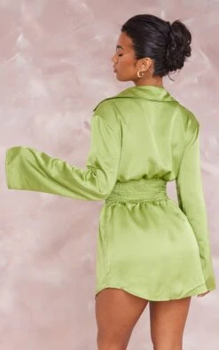 Olive Satin Shirred Waist Detail Shirt Dress -Cheap Dress Store 8c32ec9d042b50a69c75fb42eb55ed56a3170e1c cne1414 2