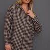 Brown Gingham Brushed Check Raw Hem Oversized Shirt Dress