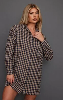 Brown Gingham Brushed Check Raw Hem Oversized Shirt Dress