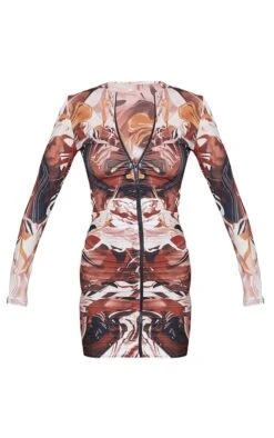 Chocolate Abstract Print Slinky Ruched Zip Through Bodycon Dress -Cheap Dress Store 8fa1af7b76614d59f5e567ce4e918bbabb09c92b cmp8366 6