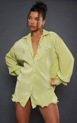 Lime Plisse Frill Hem Shirt Dress