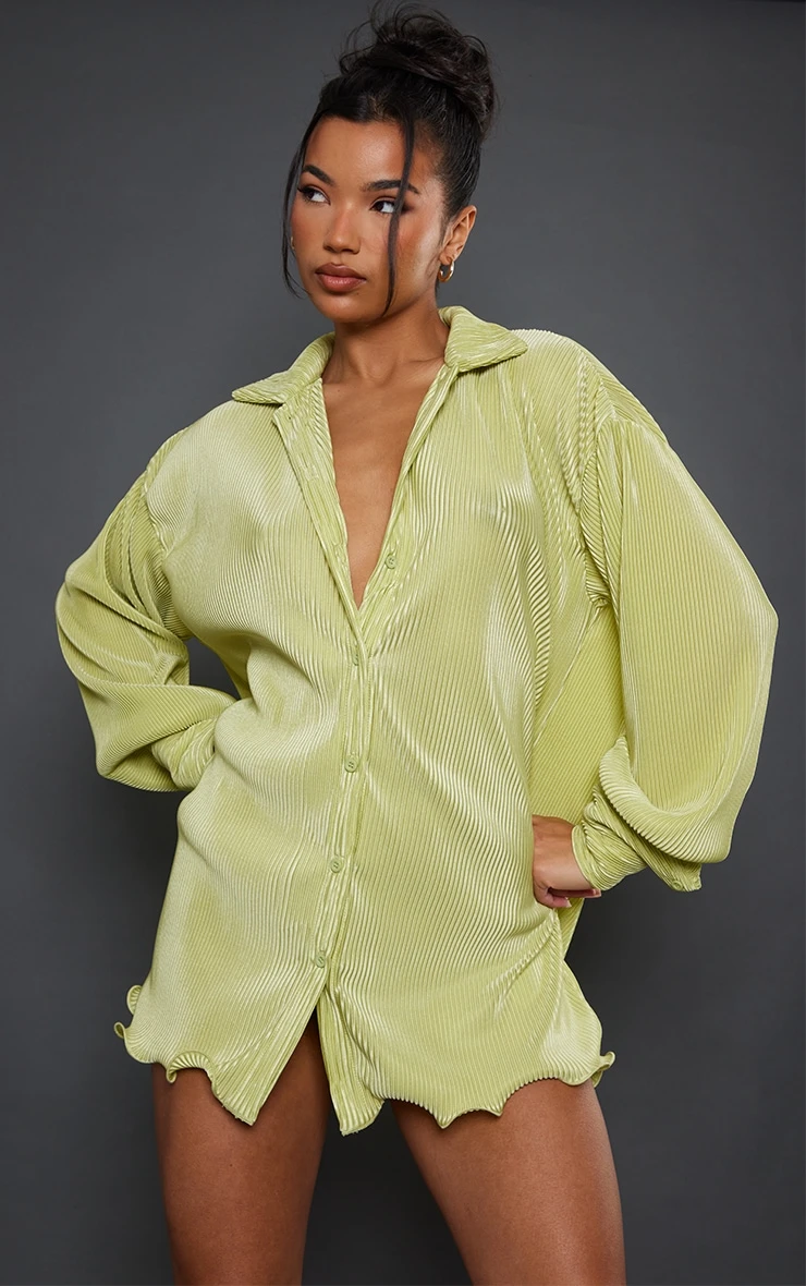 Lime Plisse Frill Hem Shirt Dress 3 Lime Plisse Frill Hem Shirt Dress