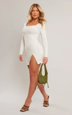 Cream Rib Square Neck Split Hem Long Sleeve Bodycon Dress -Cheap Dress Store 9059cec1afdb8429300341f3b735a37328a14855 cnd5400 3