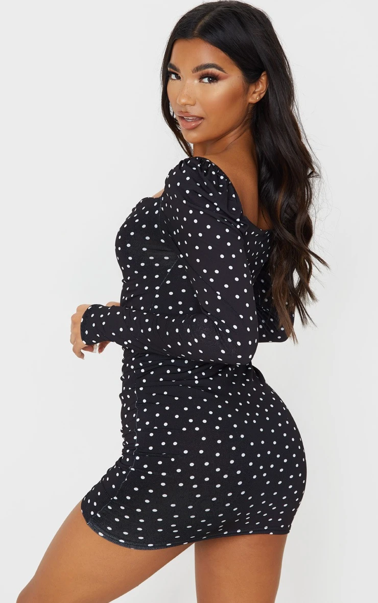 Black Polka Dot Print Ruched Front Long Sleeve Bodycon Dress 4 Black Polka Dot Print Ruched Front Long Sleeve Bodycon Dress - Image 2