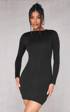 Black Structured Contour Rib Long Sleeve Bodycon Dress