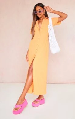 Orange Crinkle Textured Button Maxi Shirt Dress