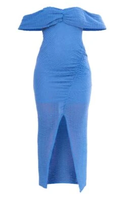 Blue Textured Bardot Asymmetric Ruched Midaxi Dress -Cheap Dress Store 9173a68a82eb73da6047e452fb29d58fcb2bfaa4 cnd7629 5