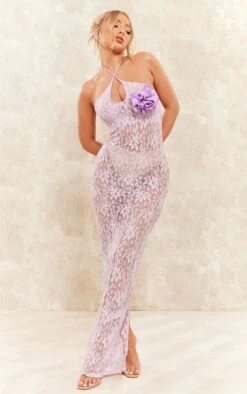 Lilac Lace Flower Detail Halter Cut Out Maxi Dress