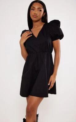 Black Puff Sleeve Poplin Shift Dress