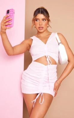 Pink Textured Ruched Cut Out Sleeveless Bodycon Dress