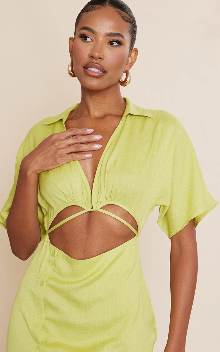 Green Linen Look Cut Out Waist Button Skirt Shirt Dress 5 Green Linen Look Cut Out Waist Button Skirt Shirt Dress - Image 3