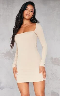 Stone Rib Extreme Square Neck Bodycon Dress