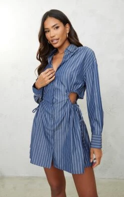 Dark Blue Stripe Cut Out Ruched Waist Detail Shirt Dress
