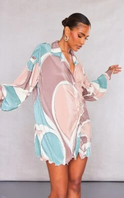 Stone Abstract Print Plisse Frill Hem Shirt Dress