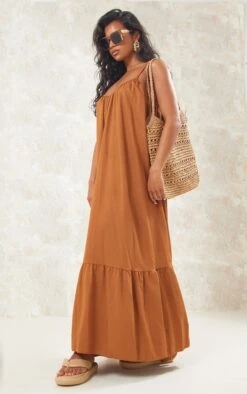 Rust Strappy Pleated Tier Maxi Dress