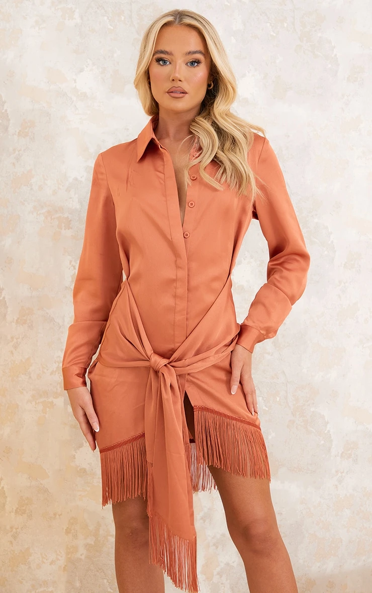 Rust Satin Drape Detail Tassel Hem Shirt Dress 3 Rust Satin Drape Detail Tassel Hem Shirt Dress