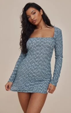 Blue Space Dye Shirred Long Sleeve Bodycon Dress