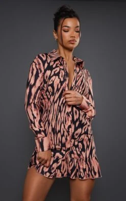 Brown Leopard Print Cuff Sleeve Frill Hem Shirt Dress