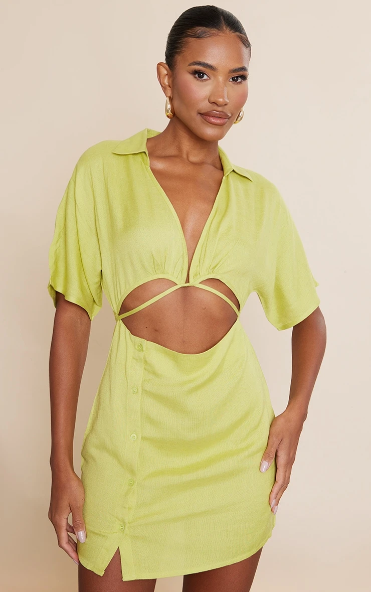 Green Linen Look Cut Out Waist Button Skirt Shirt Dress 7 Green Linen Look Cut Out Waist Button Skirt Shirt Dress - Image 5