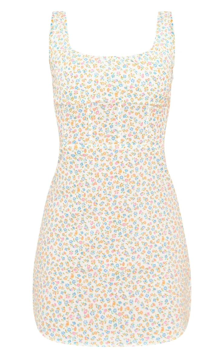 Multi Floral Print Linen Look Corset Detail Bodycon Dress 7 Multi Floral Print Linen Look Corset Detail Bodycon Dress - Image 5