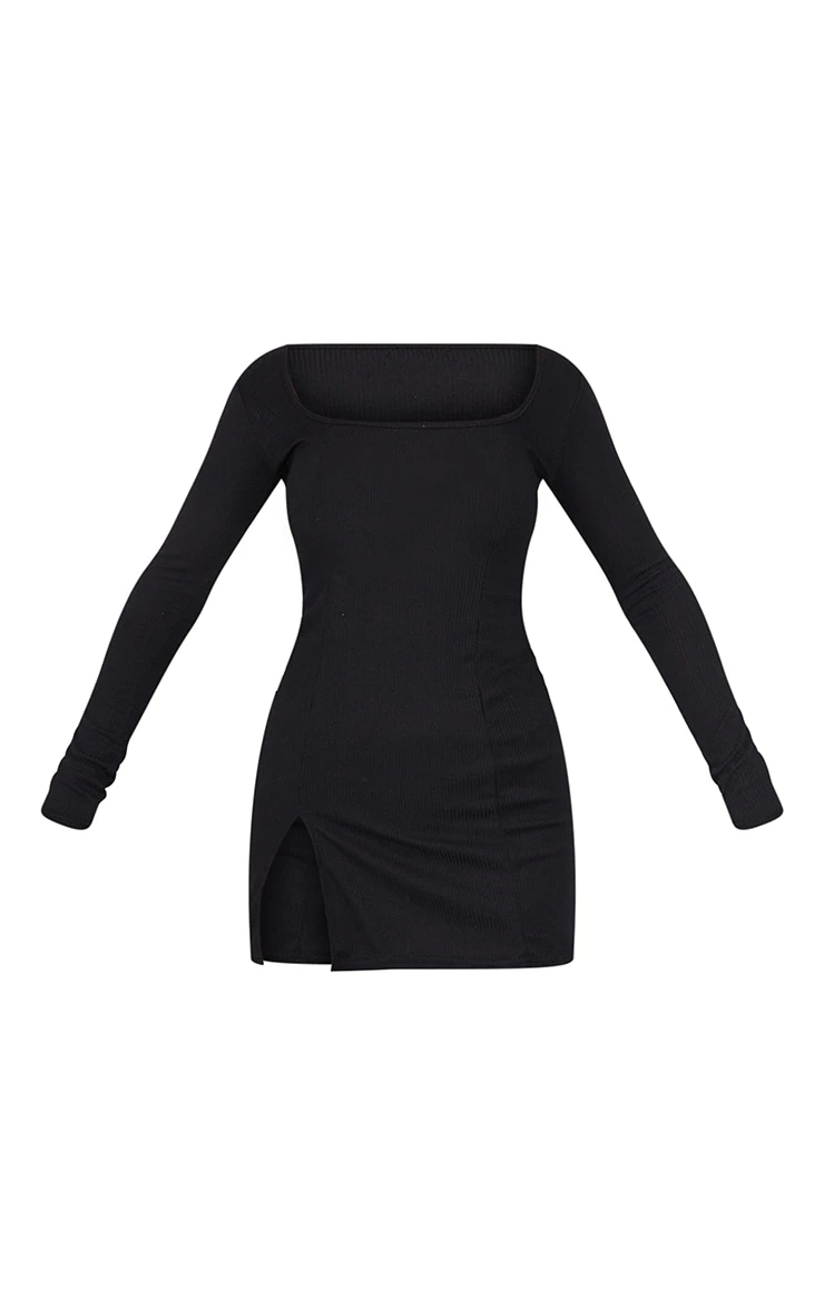 Black Rib Split Hem Square Neck Long Sleeve Bodycon Dress 7 Black Rib Split Hem Square Neck Long Sleeve Bodycon Dress - Image 5