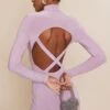 Mauve Slinky Cut Out Cross Back Long Sleeve Bodycon Dress