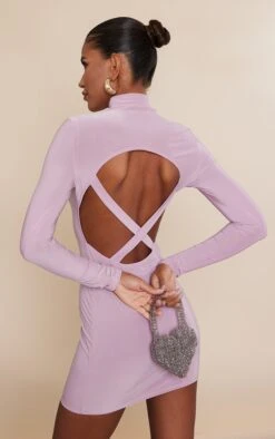 Mauve Slinky Cut Out Cross Back Long Sleeve Bodycon Dress