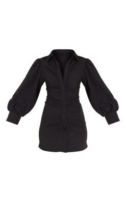 Black Woven Ruched Puff Sleeve Shirt Dress -Cheap Dress Store 9c2509dfcc82246371252cfcdf4fcc51d882b592 cmv0630 6